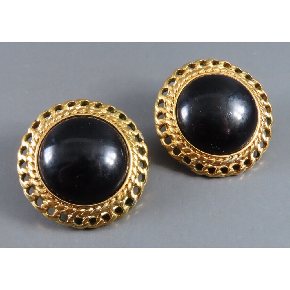 Vintage MONET CLIP-ON EARRINGS Black Lucite Domed Center CHAIN LINK FRAME Round